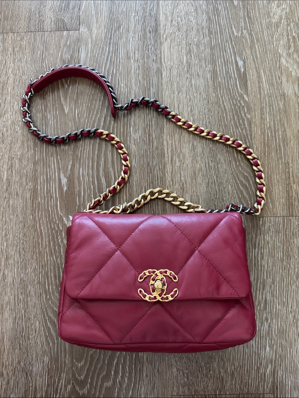 CHANEL Burgundy Quilted Lambskin Shoulder Bag with Gold and Silver Hardware